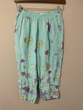 Vintage C.C. Collection Pants Womens Medium Linen Blue Floral Capri Casual Boho